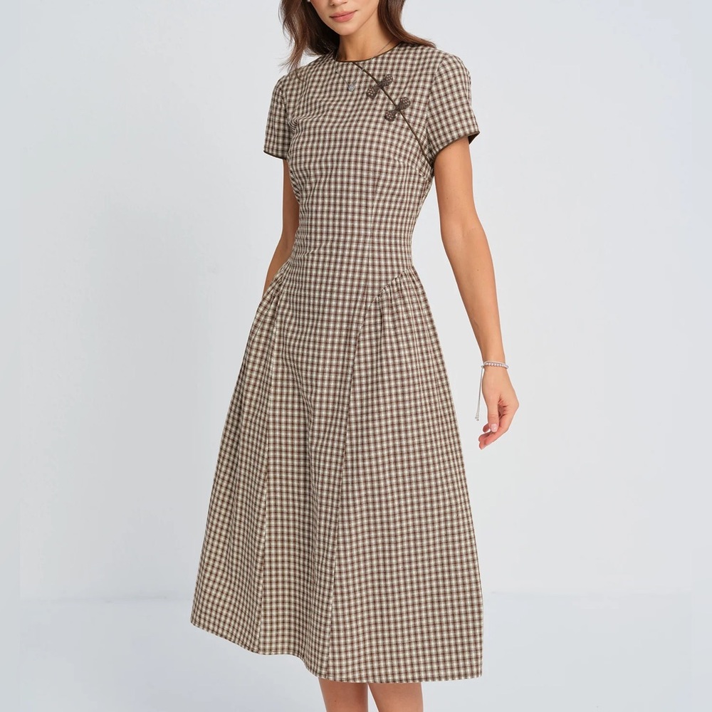 RIHOAS Brown and Cream Gingham Midi Dress - Picture 3 of 7
